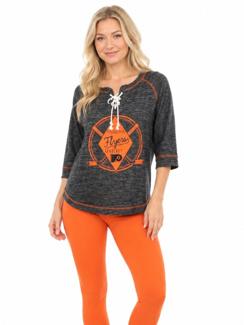 Philadelphia Flyers Womens Top Size Medium 8/10 Woven Jersey Style Heather Gray